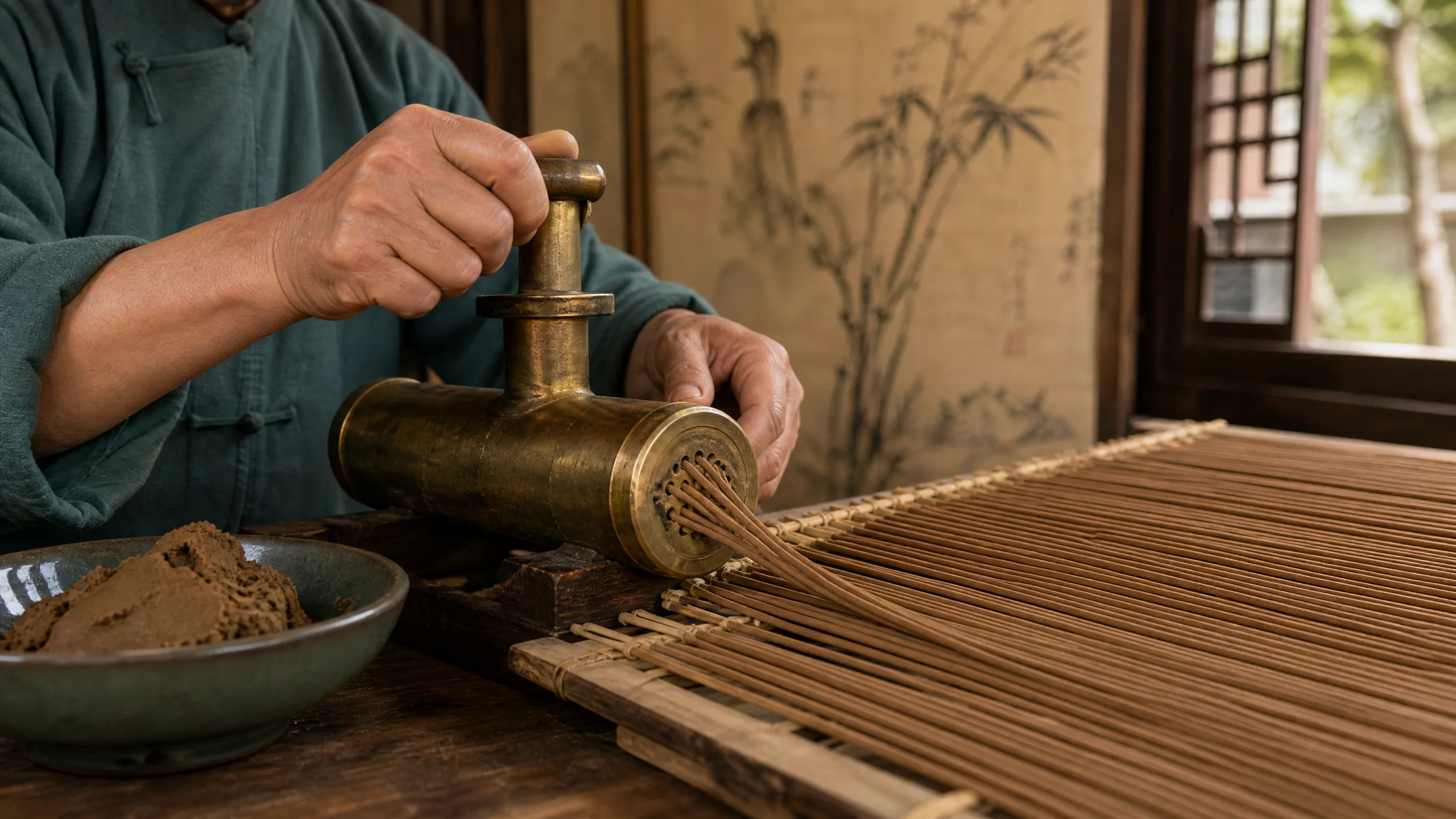 制香匠人以铜制挤压器将香泥压制成纤细的线香，整齐排列于竹帘上阴干
