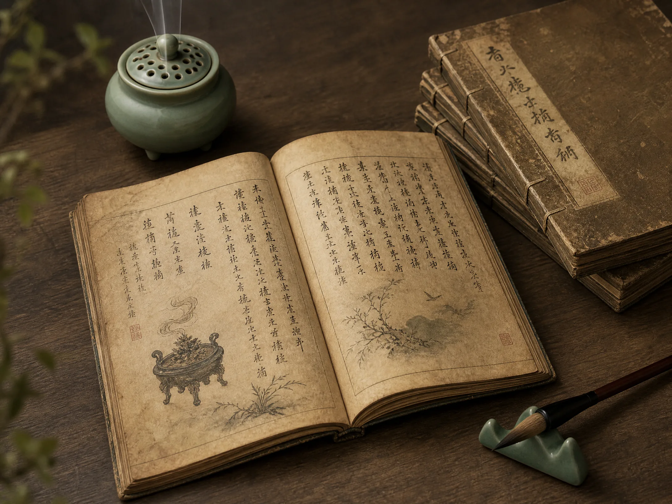 历代香谱古籍，线装书页上竖﻿排手写香方文字