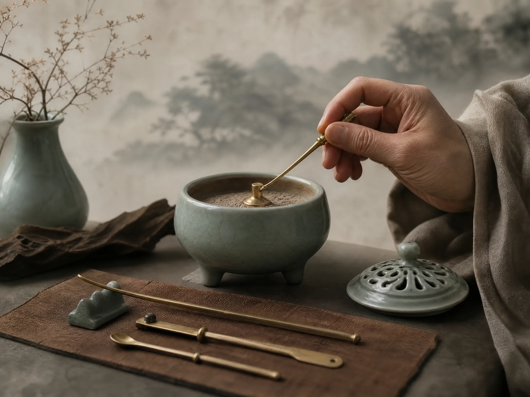 香会中一位香主‍以铜制香箸理平青瓷炉中的香灰，动作从容专注