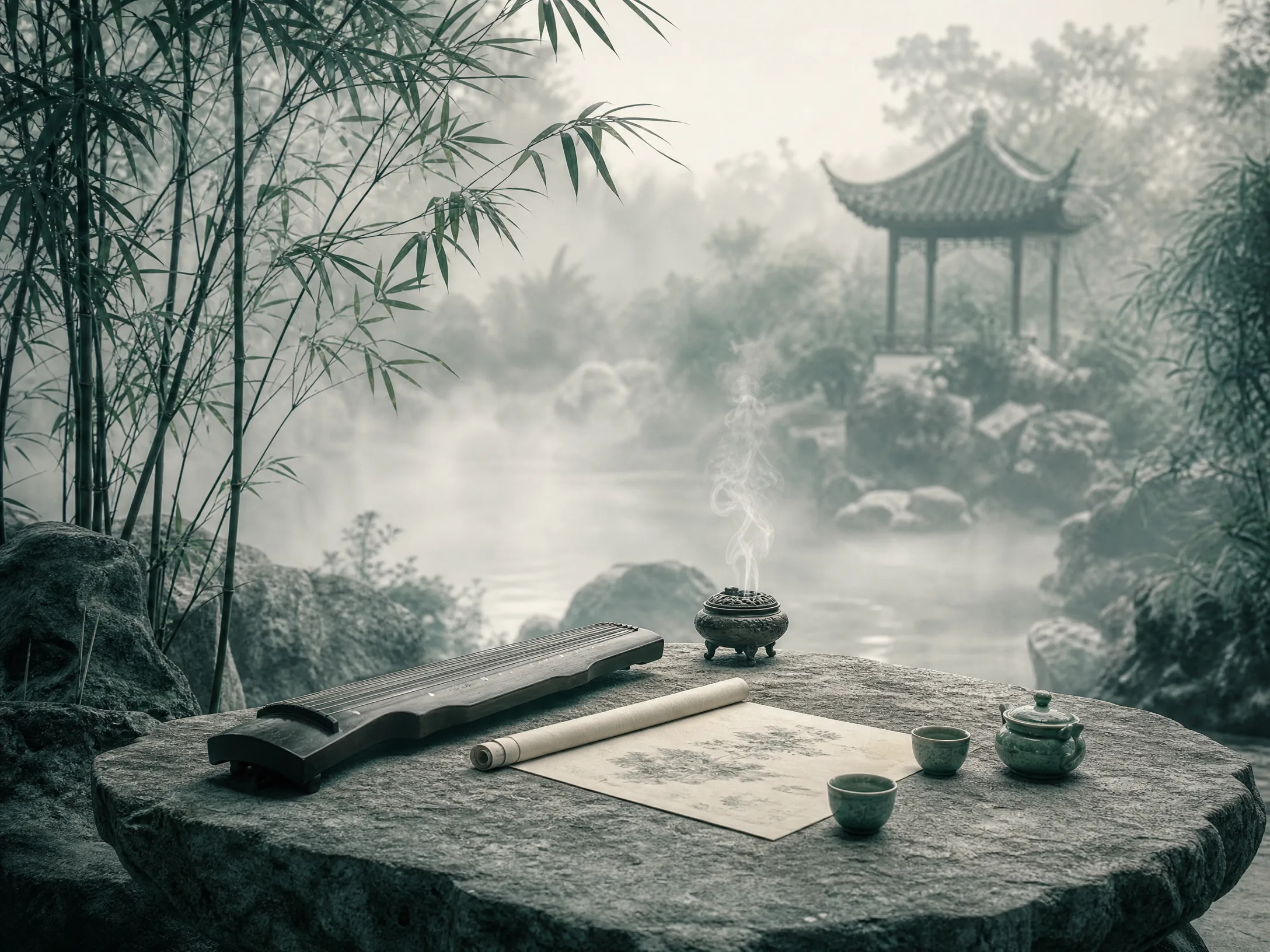 庭院雅集，石桌上陈﻿设香炉‌、古‌琴与​茶‍盏，四周竹影薄雾